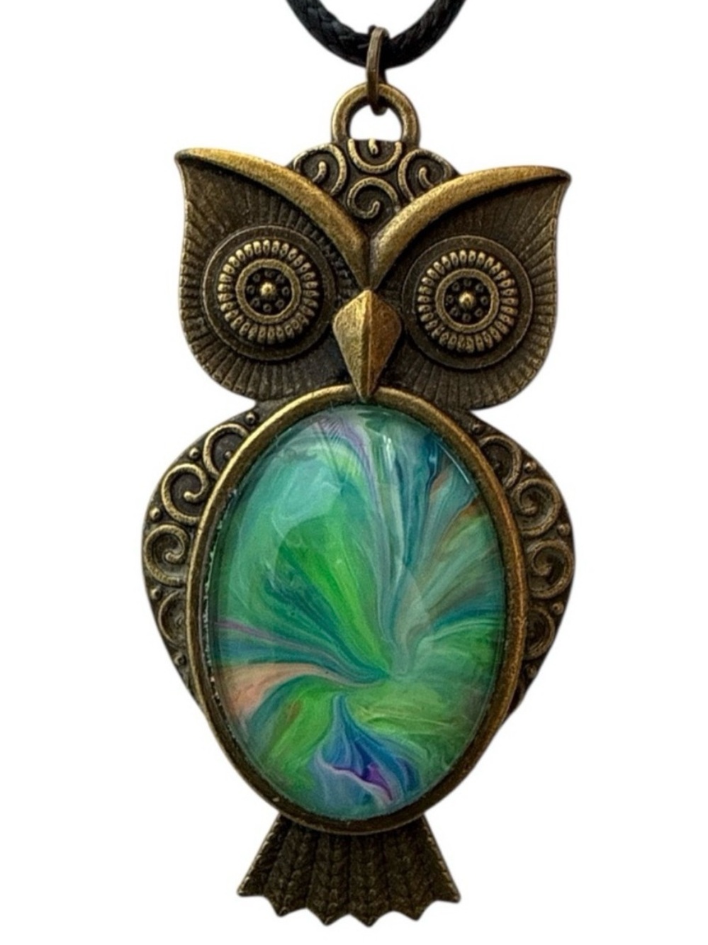 Hand Crafted Necklace Green and Blue Fluid Art Owl Pendant by Svetlana Yeung